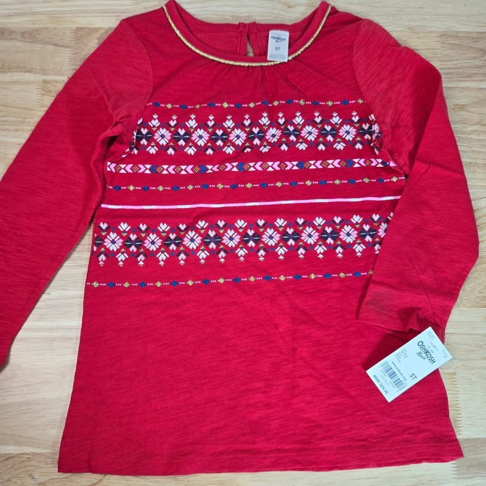 OshKosh Bgosh Girls Red Fair Isle Long Sleeve Top Gold Trim 5T OKT15131-SML